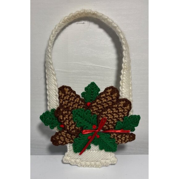 Pointsettia & Pine Cone Christmas Basket Door Knob Hanger Wall Plastic Canvas - Picture 5 of 6